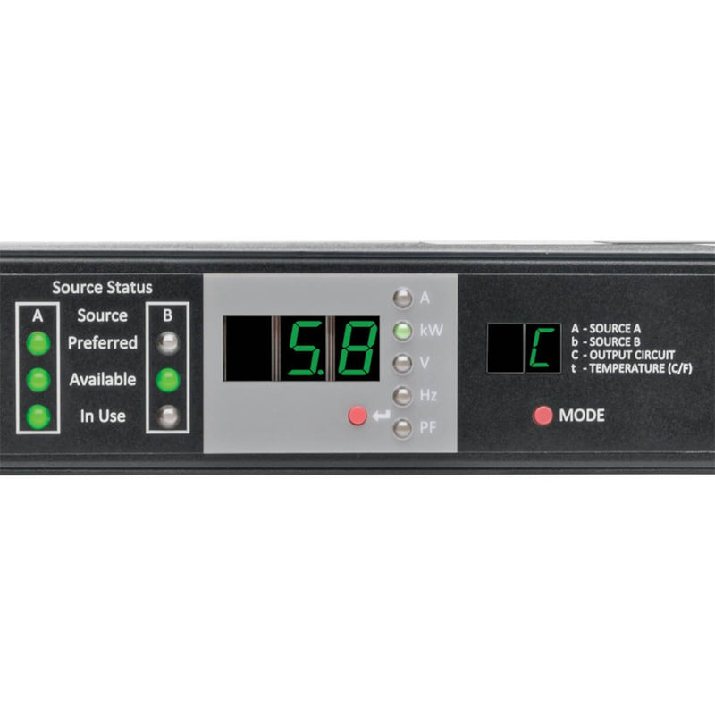 Close-up of PDU digital display showing power metrics and status indicators