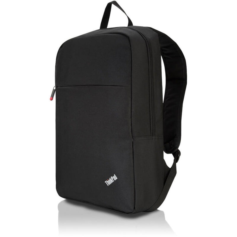 Front view of black Lenovo ThinkPad Basic Backpack showing minimalist design and red zipper accent