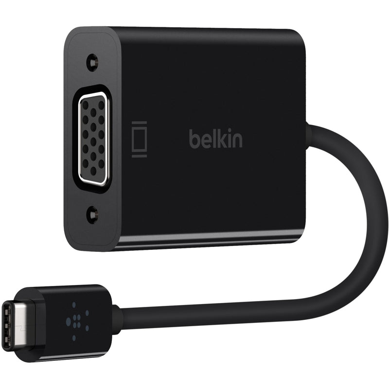 Belkin USB-C to VGA adapter showing black housing with curved cable design, featuring USB-C male connector and 15-pin VGA female port