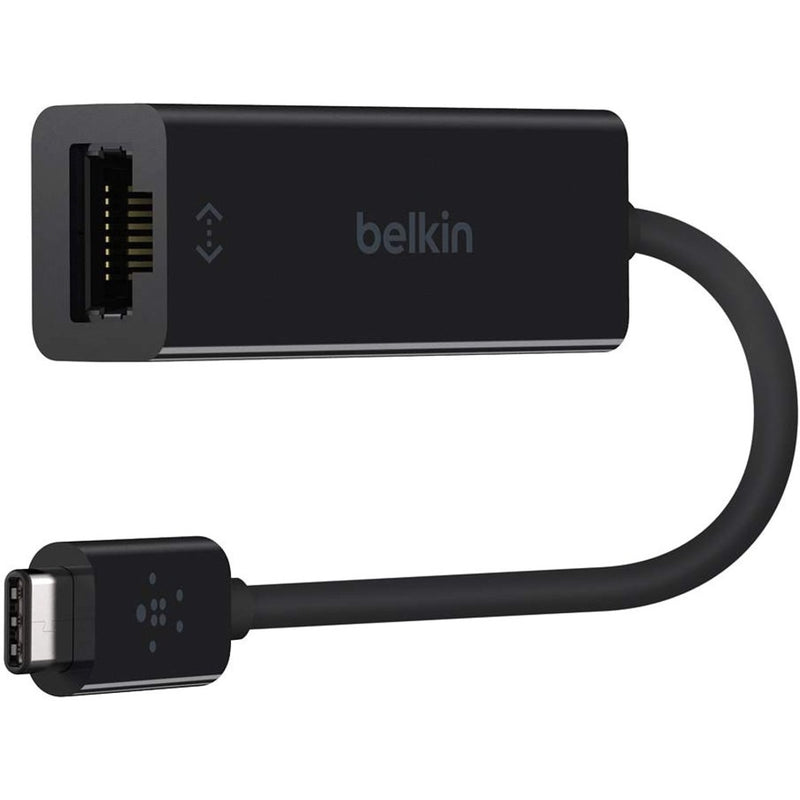 Black Belkin USB-C to Gigabit Ethernet adapter showing RJ-45 port and USB-C connector with curved cable design