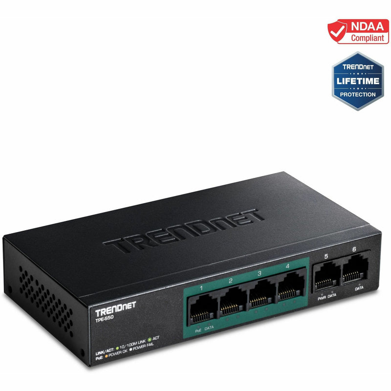 TRENDnet TPE-S50 6-port PoE+ switch showing front panel with 4 PoE ports and 2 regular ethernet ports