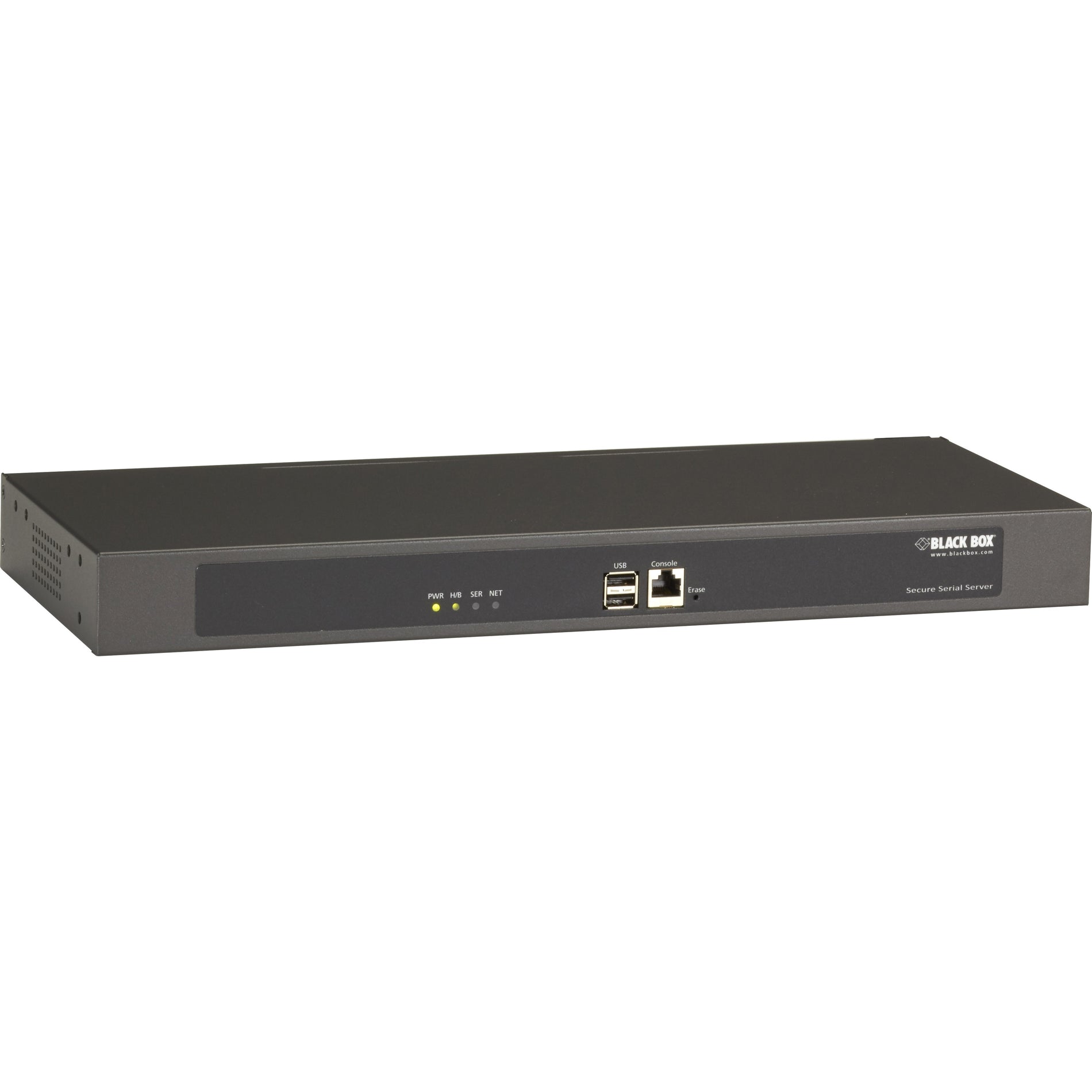 Angled view of Black Box LES1548A Secure Serial Server showing 1U rack-mount design-alternate-image3