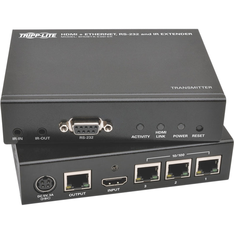 Front and bottom view of Tripp Lite HDMI extender transmitter unit showing RS-232, IR, and Ethernet ports