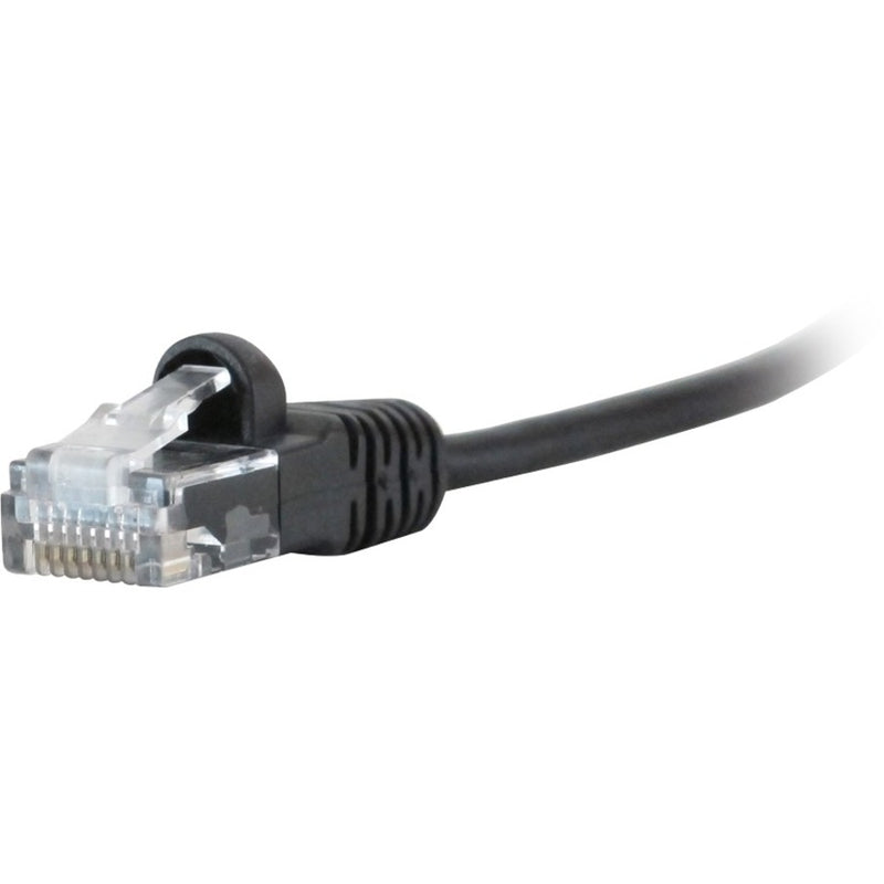 Close-up view of MicroFlex Pro CAT6 cable's RJ-45 connector with transparent housing and black strain relief boot