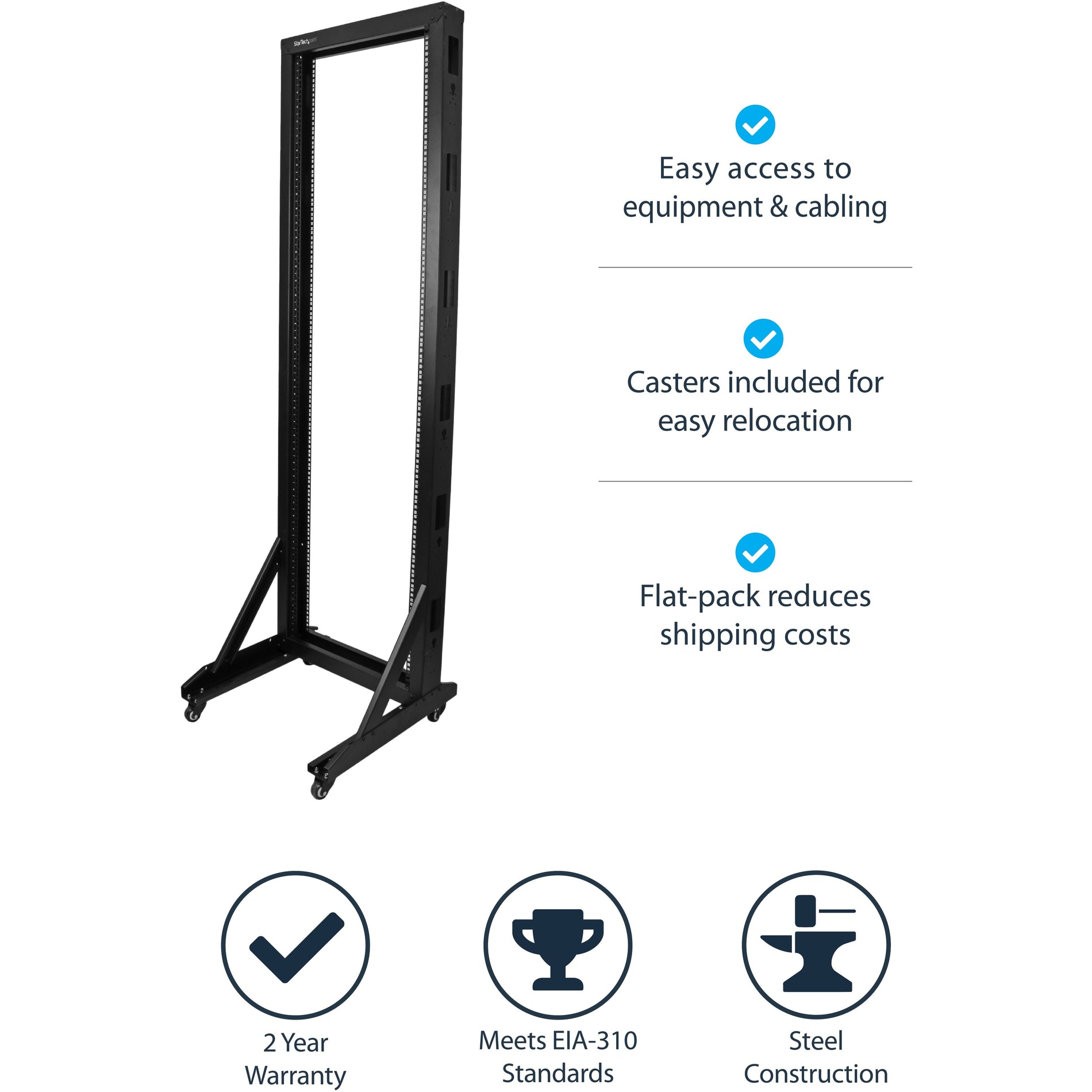 StarTech.com 2POSTRACK42 2-Post Server Rack with Sturdy Steel Construction and Casters, 42U