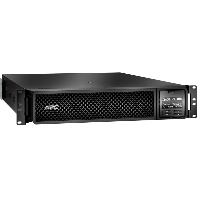 Angled view of APC Smart-UPS SRT 3000VA showing build quality and rack mounting features