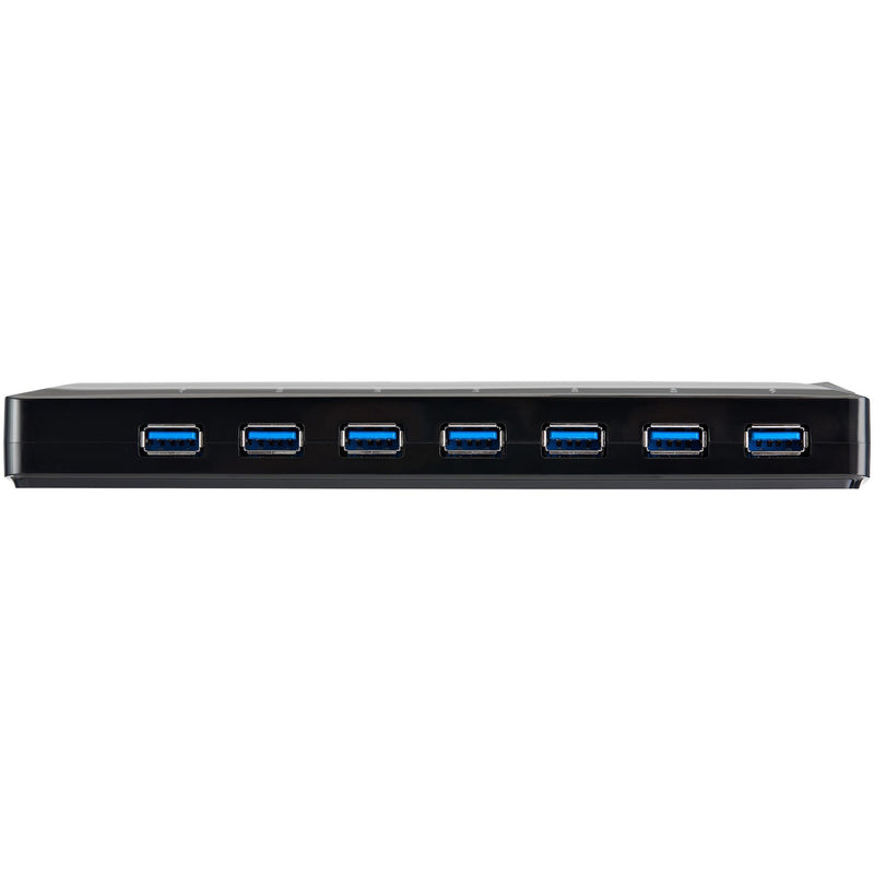 Front profile view showing the seven evenly spaced USB 3.0 ports with blue indicators