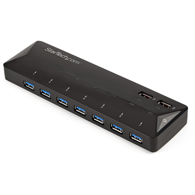 Front view of StarTech.com 7-port USB 3.0 hub showing seven blue USB ports and two charging ports