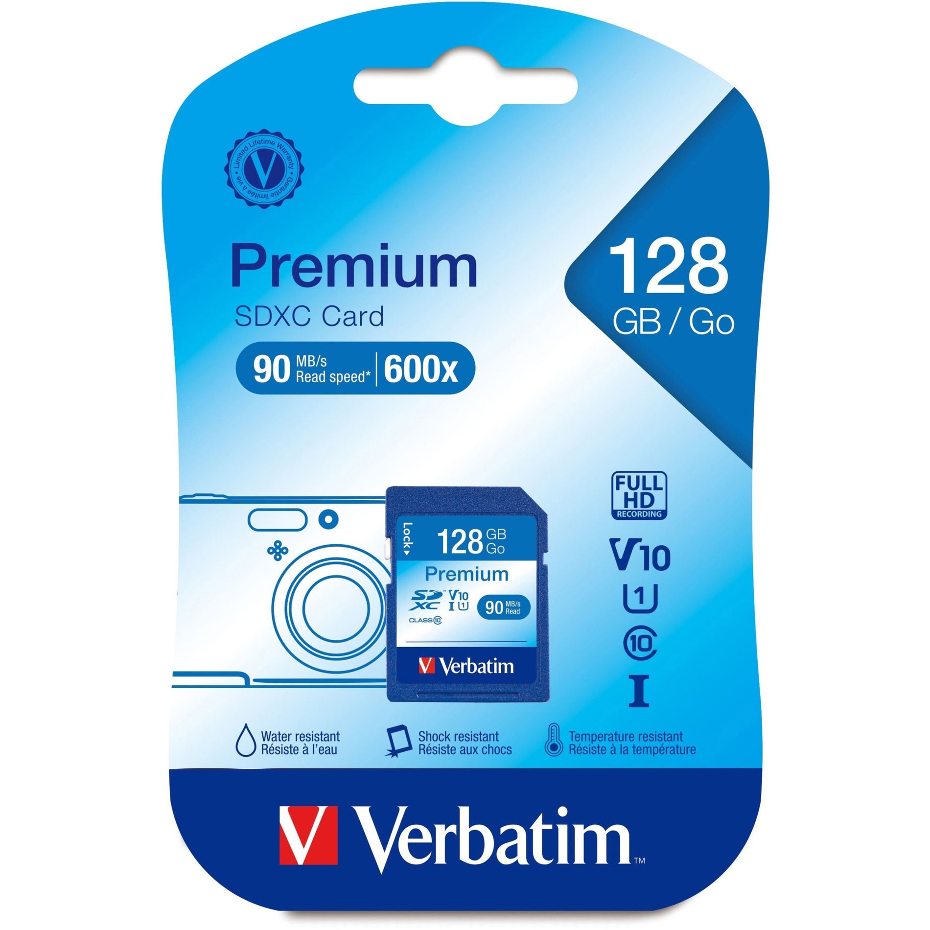 Verbatim Premium SDXC card retail packaging showing 128GB capacity, durability features, and HD recording capabilities-alternate-image2