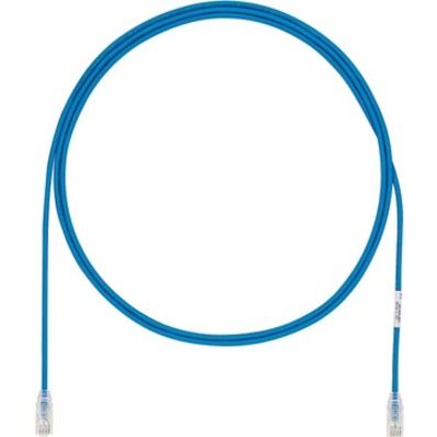 Panduit Cat6a UTP network patch cable in blue with RJ-45 connectors, coiled in circular shape