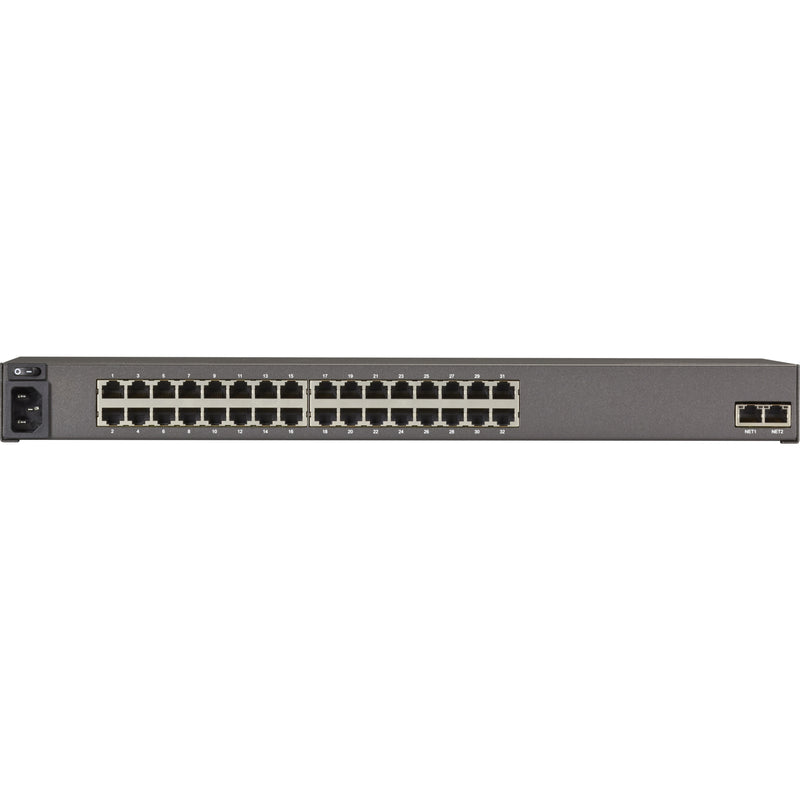 Rear view of Black Box LES1532A showing 32 serial ports and dual network interfaces