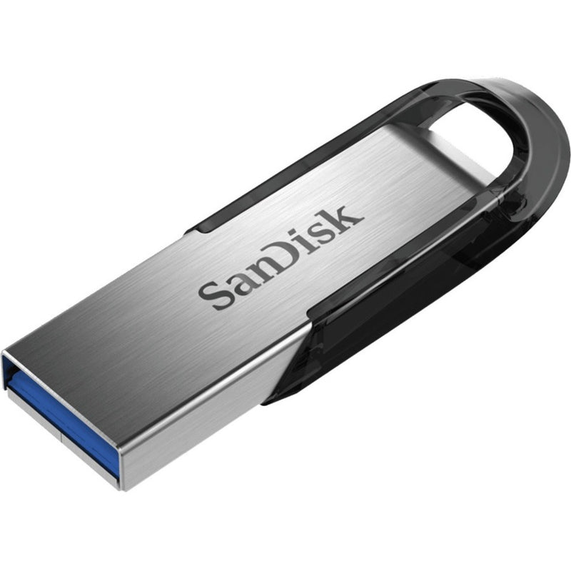 SanDisk Ultra Flair USB 3.0 flash drive with brushed metal silver finish and black trim, featuring USB 3.0 connector and integrated loop design