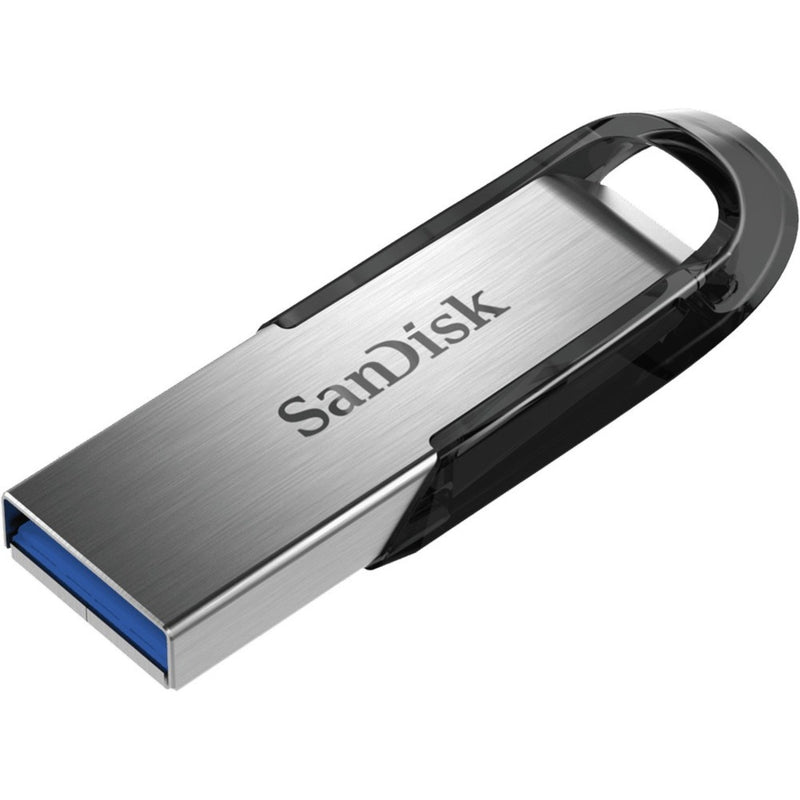 SanDisk Ultra Flair USB 3.0 flash drive featuring brushed metal silver casing with black accents and blue USB connector