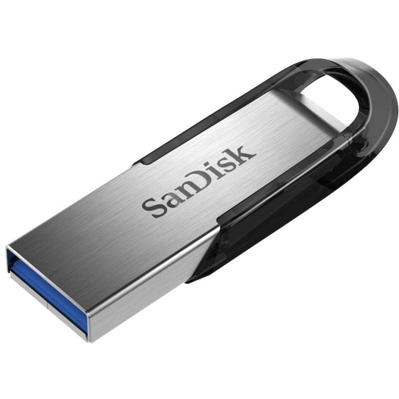 SanDisk Ultra Flair USB 3.0 flash drive featuring brushed metal casing and black accents with USB 3.0 connector visible