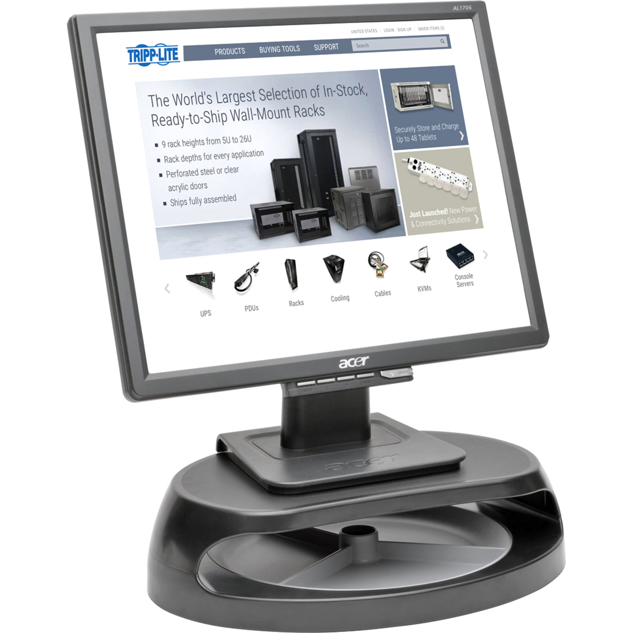 Tripp Lite MR1208TRAY Universal Monitor Riser with Accessory Tray, 360° Rotation, Cable Management, Non-slip, Gray/Black