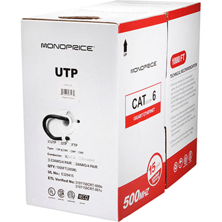 Product packaging showing Cat6 UTP cable specifications including 500MHz bandwidth and certification marks