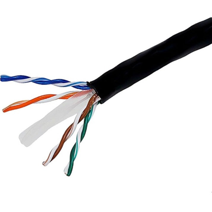 Close-up view of Cat6 cable internal twisted pair construction showing copper conductors and black outer jacket