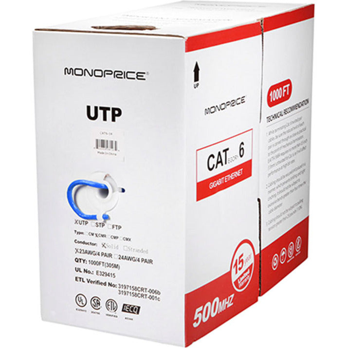 Monoprice Cat6 UTP cable box showing technical specifications and certification details