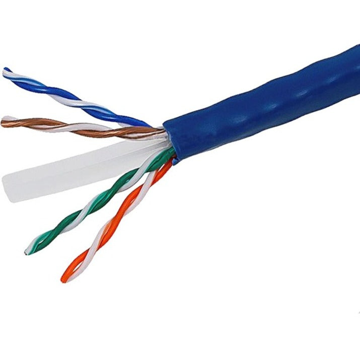 Close-up view of exposed Cat6 cable internal wiring showing twisted pairs and blue outer jacket