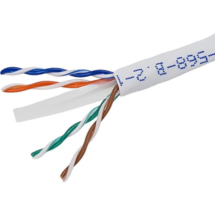 Close-up view of exposed Cat6 UTP cable showing color-coded twisted copper pairs and white outer jacket with printed specifications