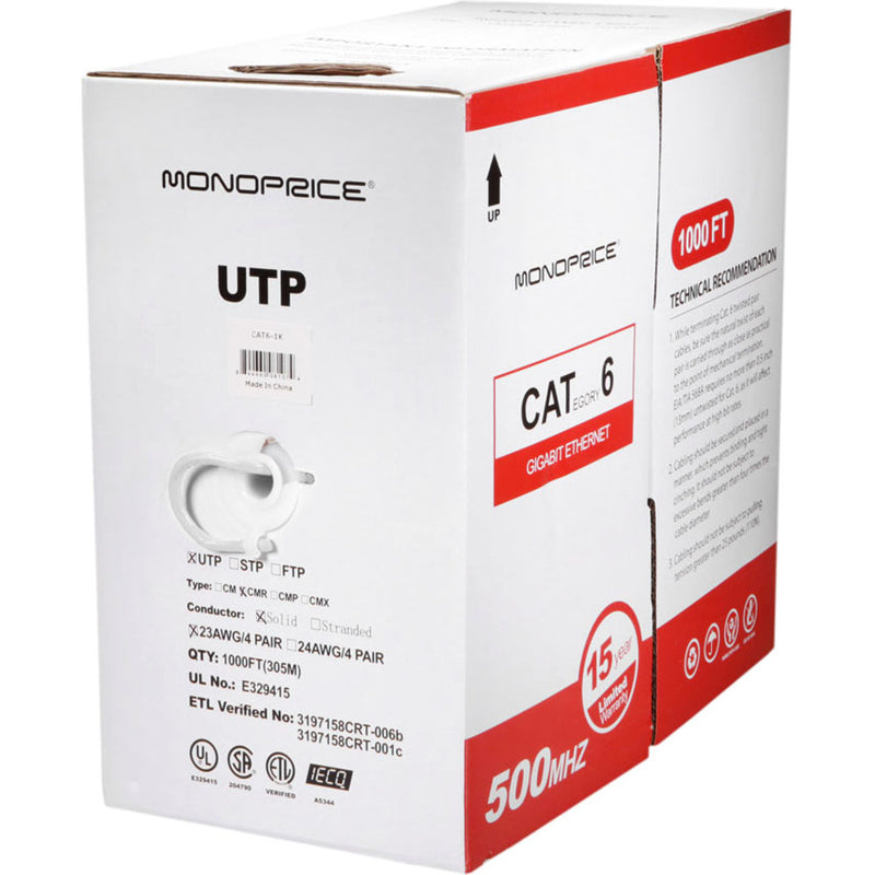 Product packaging showing Monoprice Cat6 UTP cable box with certification marks, specifications, and 1000ft length indicator