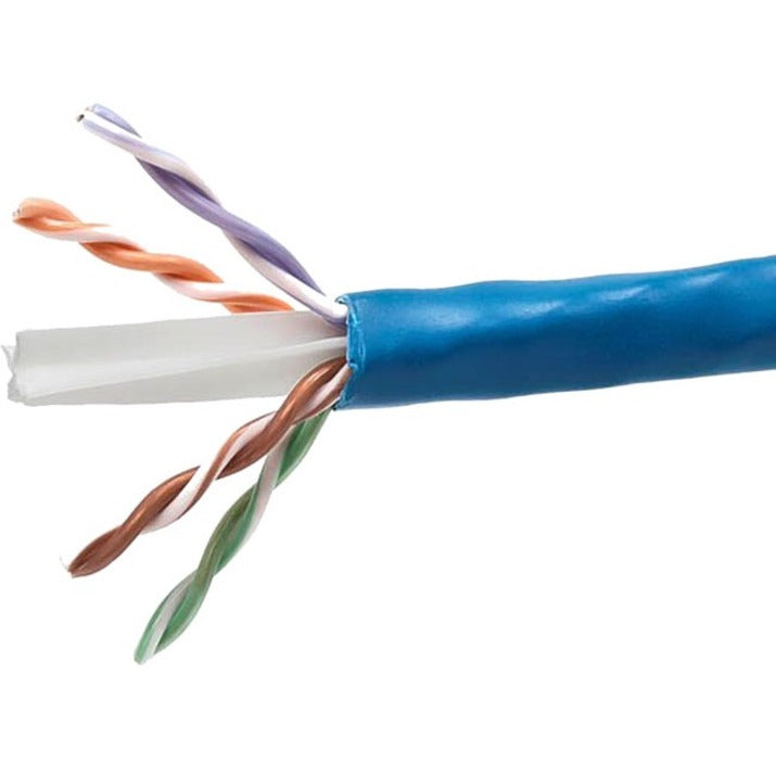 Close-up view of Cat6 cable internal twisted pair construction showing copper conductors and blue outer jacket