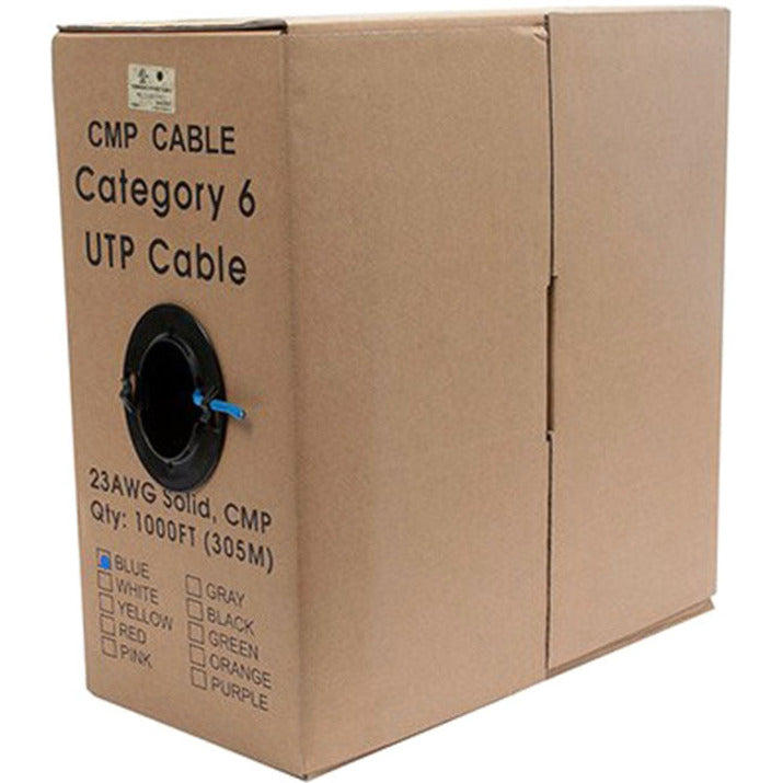 Cat6 UTP cable bulk box showing product specifications and blue color designation