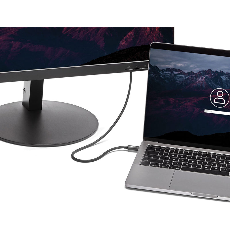 StarTech.com Thunderbolt 3 cable connecting laptop to external monitor showing display capabilities