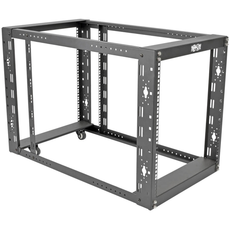 Tripp Lite SmartRack 12U 4-post open frame rack showing full frame construction with mounting rails and built-in casters