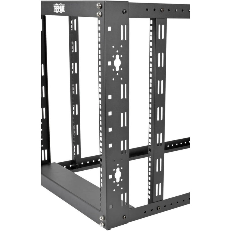 Close-up view of Tripp Lite rack mounting rails showing square holes and mounting patterns