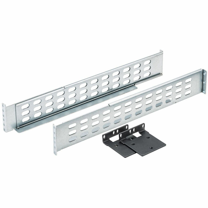 APC SRTRK4 mounting rail kit showing galvanized steel rails with ventilation holes and black mounting brackets