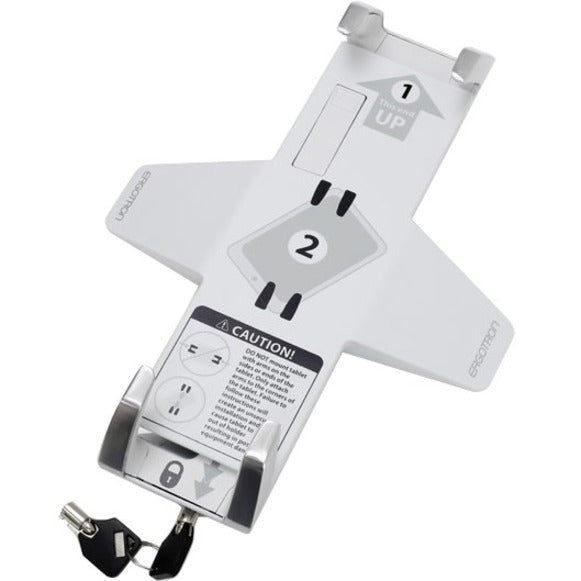 White Ergotron tablet mount with key-lock security system showing numbered positioning guides and locking mechanism with keys