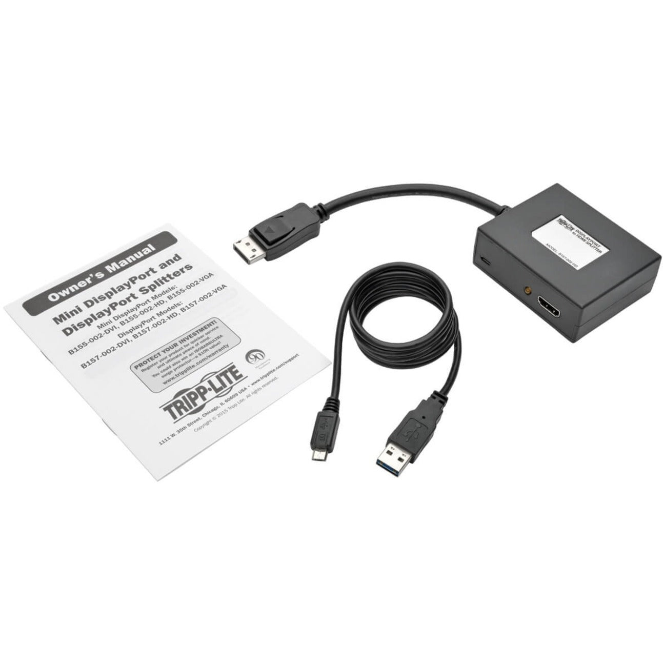 Complete package contents of Tripp Lite B157-002-HD including splitter, USB cable, and manual-alternate-image5