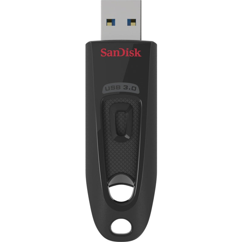 SanDisk Ultra 32GB USB 3.0 flash drive in black with textured pattern and carrying hole