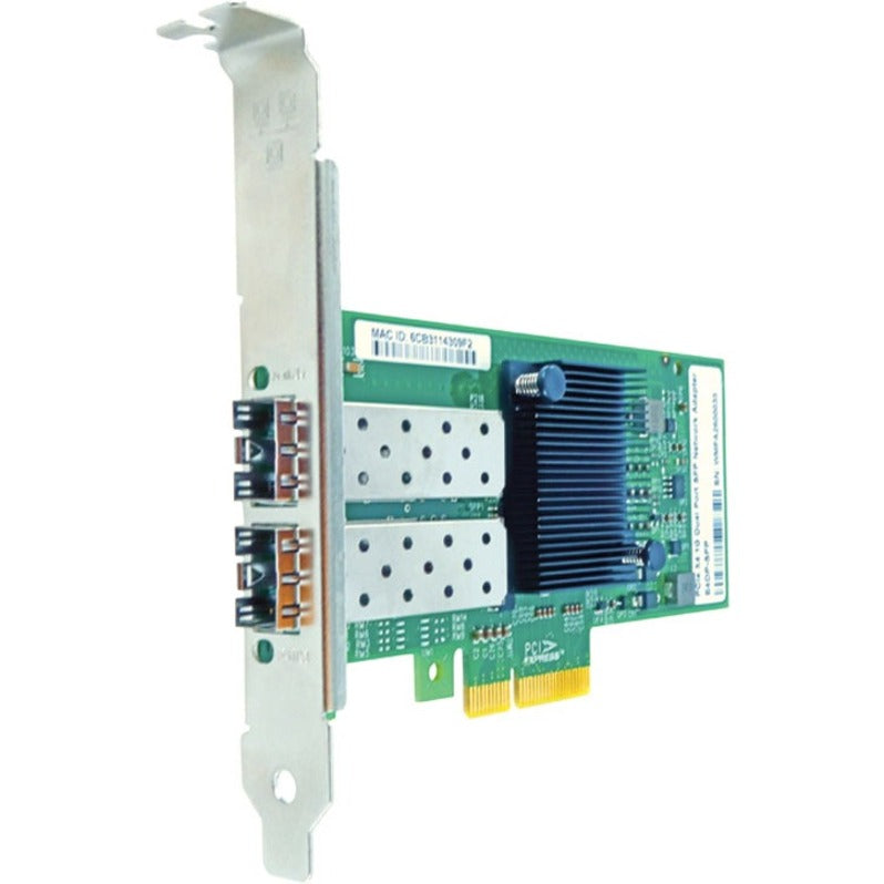 Axiom dual-port SFP PCIe network adapter card showing green PCB, heatsink, and dual fiber optic ports-alternate-image1