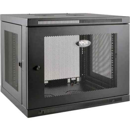 Front view of Tripp Lite SRW9UDP 9U wall-mount rack enclosure with mesh ventilation panel and security lock