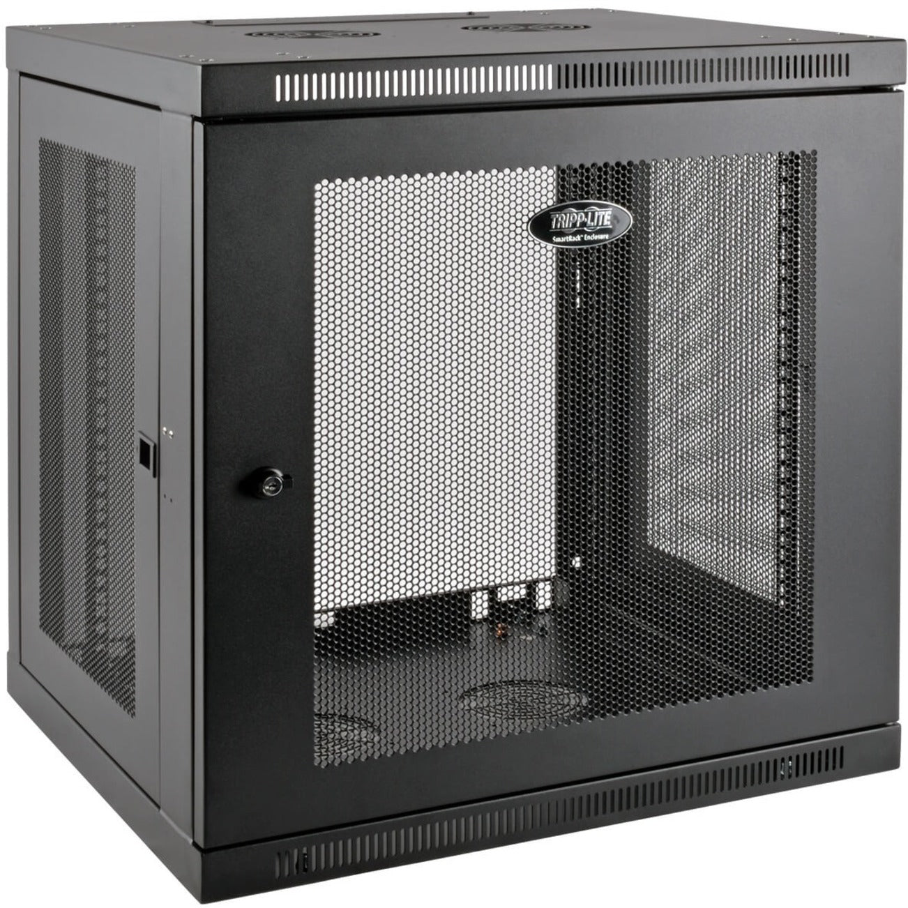 Front view of Tripp Lite SRW12UDP wall-mount rack enclosure showing perforated mesh door and vented panels-alternate-image1