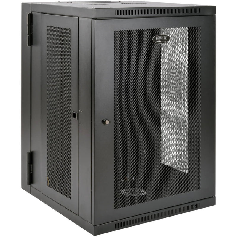 Front view of Tripp Lite SRW18USDP 18U wall-mount rack enclosure showing mesh door and ventilation design