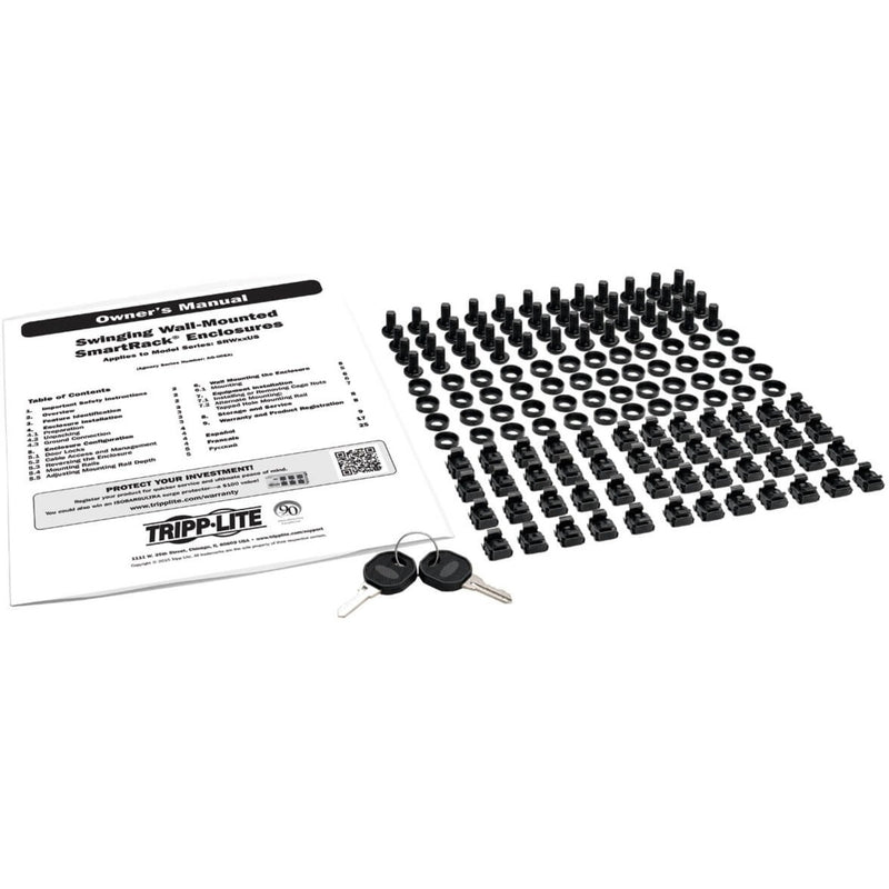 Installation kit components including manual, mounting hardware, and security keys