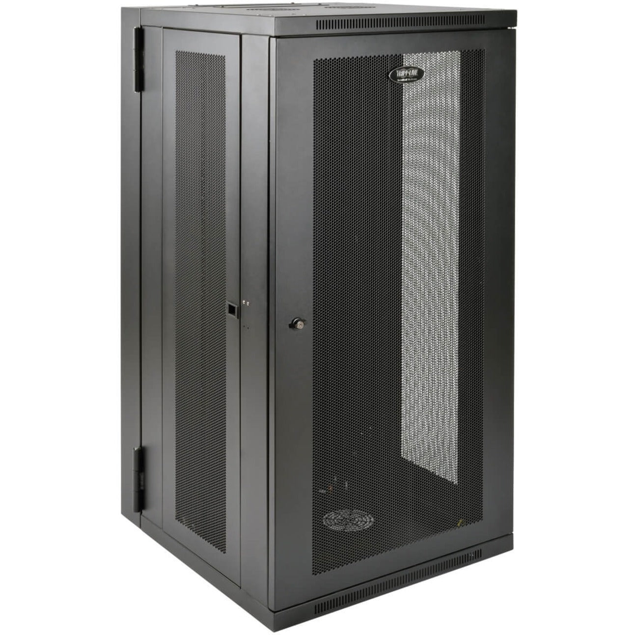 Front view of Tripp Lite SRW26USDP 26U wall-mount rack enclosure showing mesh door panels and secure locking system-alternate-image1