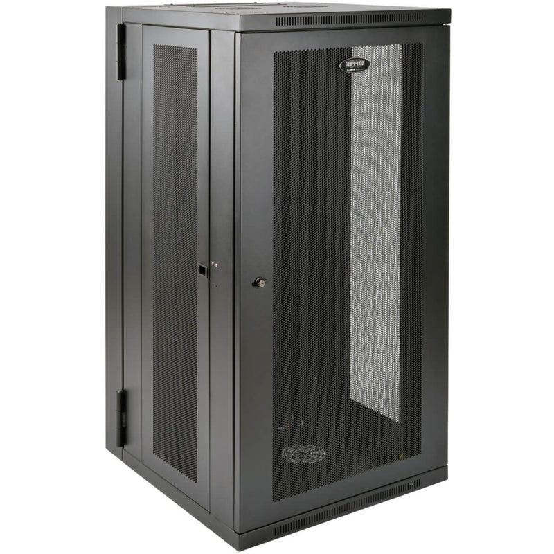 Front view of Tripp Lite SRW26USDP 26U wall-mount rack enclosure showing mesh door panels and secure locking system