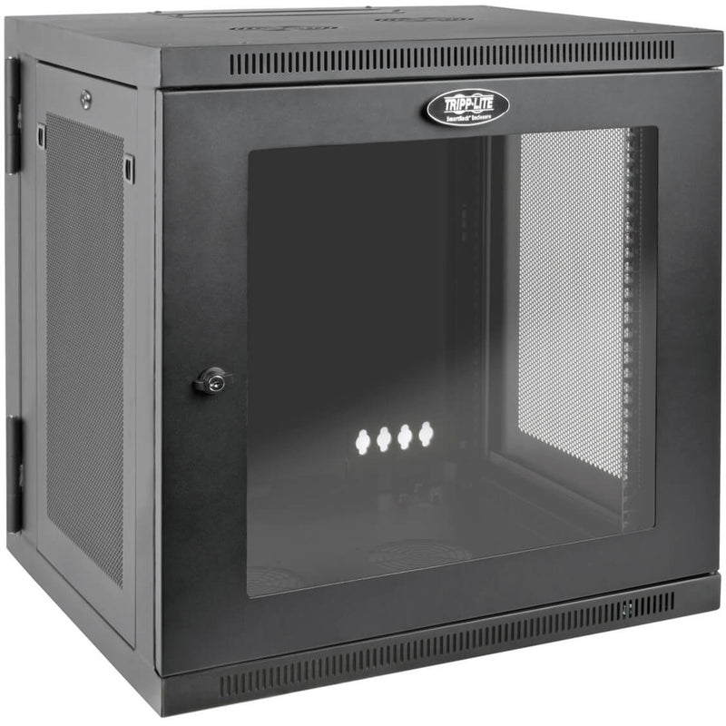 Front view of Tripp Lite SRW12USDPG wall-mount rack enclosure showing clear acrylic door and ventilated panels