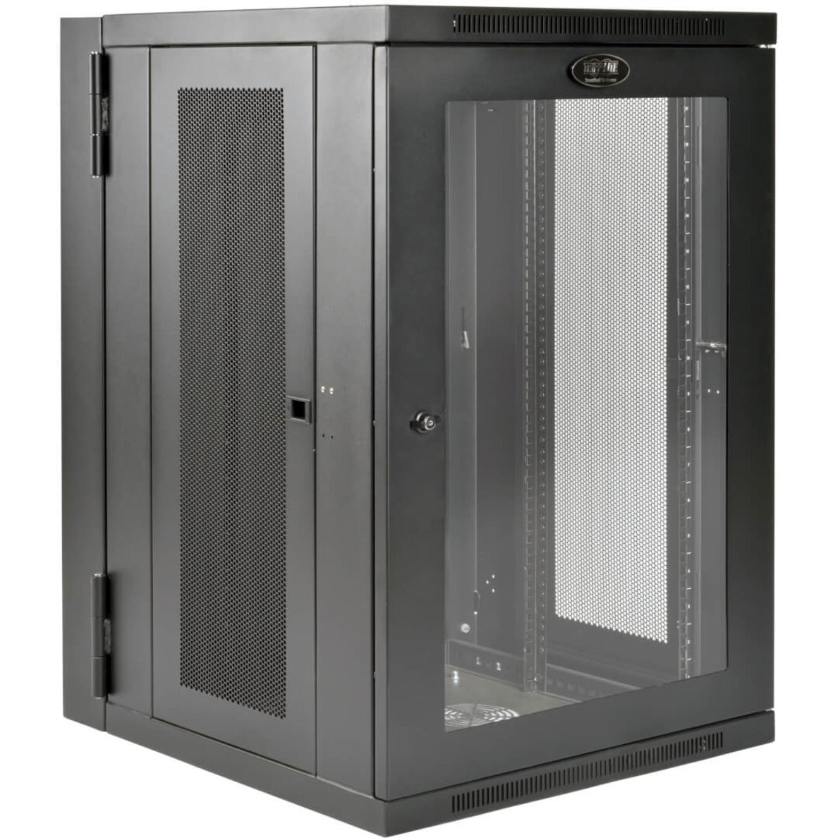 Front view of Tripp Lite SRW18USDPG SmartRack cabinet showing mesh door and secure locking system-alternate-image1