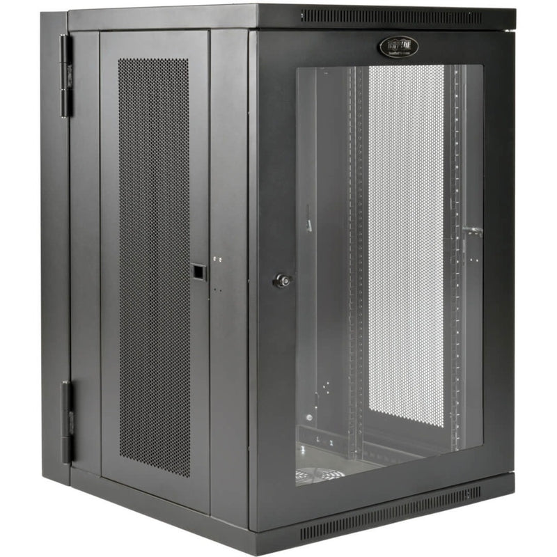 Front view of Tripp Lite SRW18USDPG SmartRack cabinet showing mesh door and secure locking system