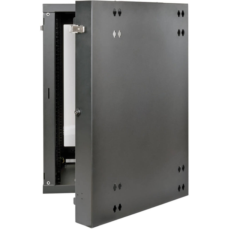 Side profile of wall-mounted cabinet showing swing mechanism