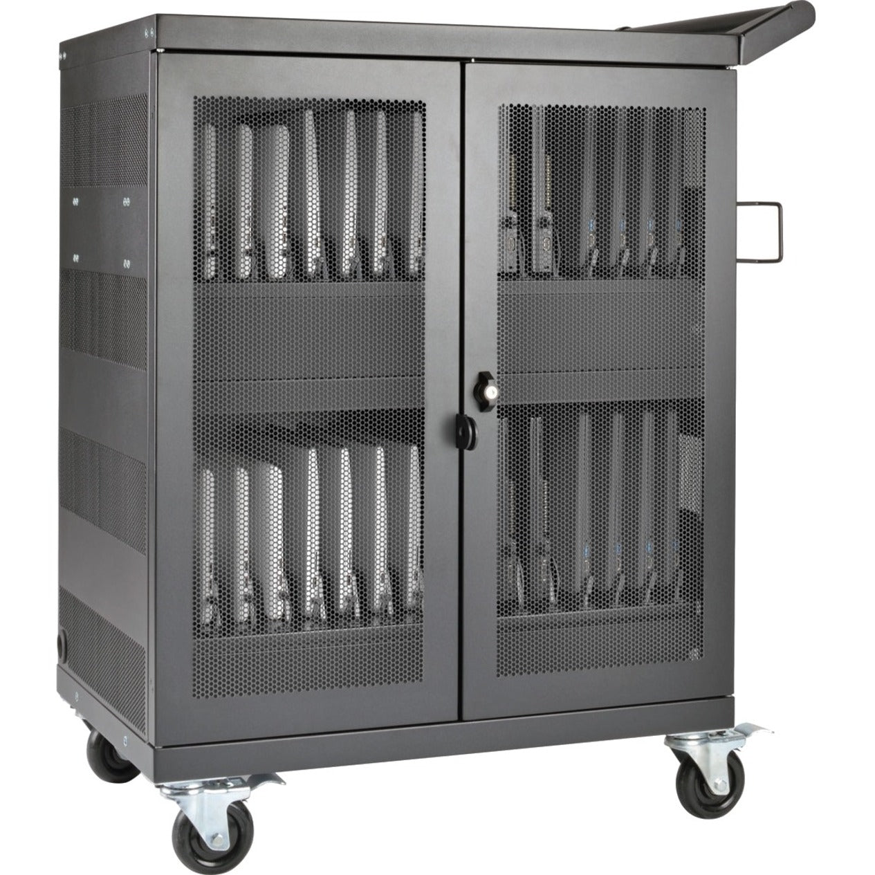 Front view of Tripp Lite CSC32AC charging cart showing ventilated steel construction and secure locking system-alternate-image2