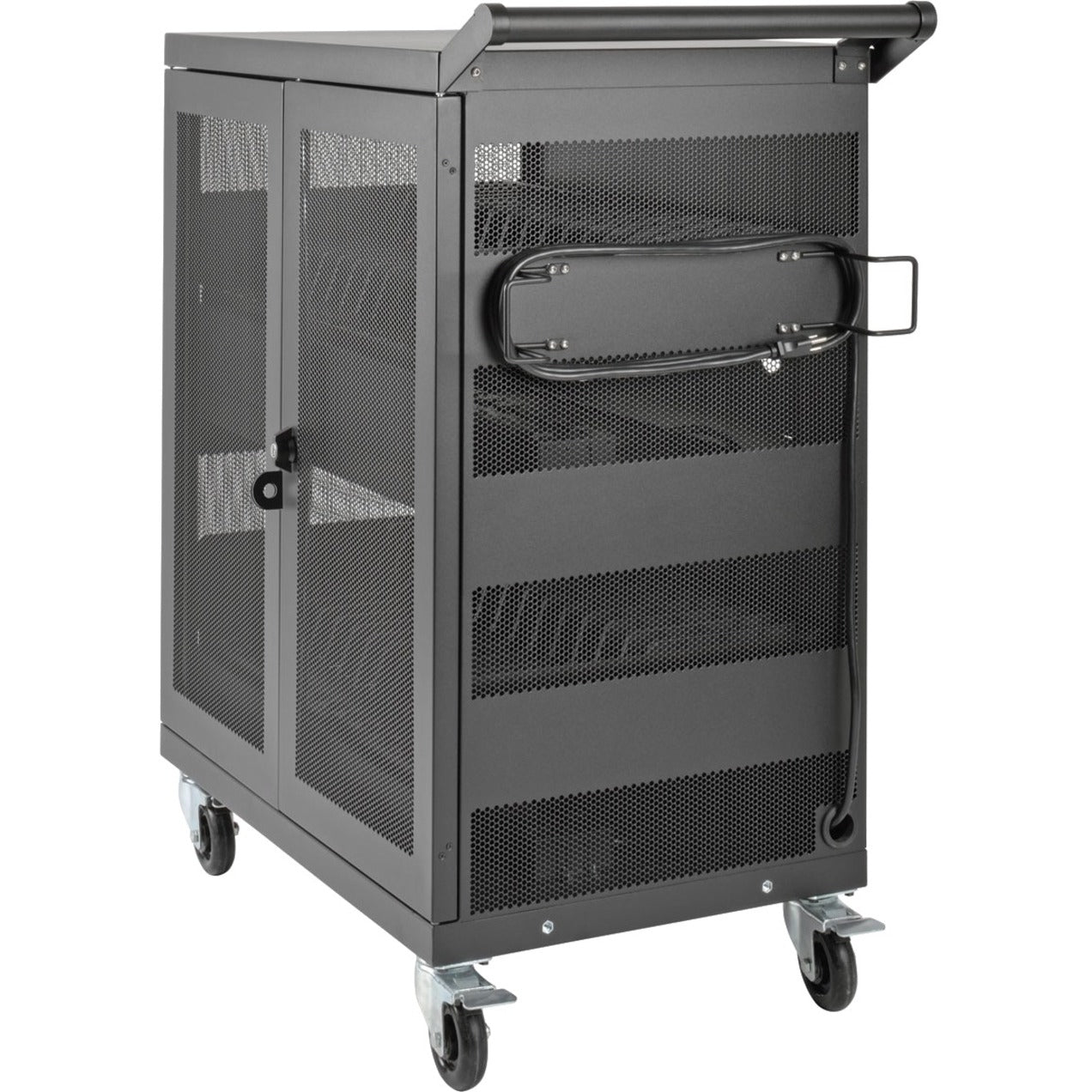 Side angle of Tripp Lite CSC32AC charging cart highlighting cable management features-alternate-image4