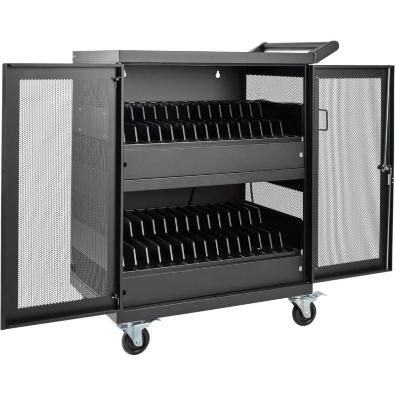 Interior view of Tripp Lite CSC32AC charging cart showing dual-level device storage compartments with adjustable dividers