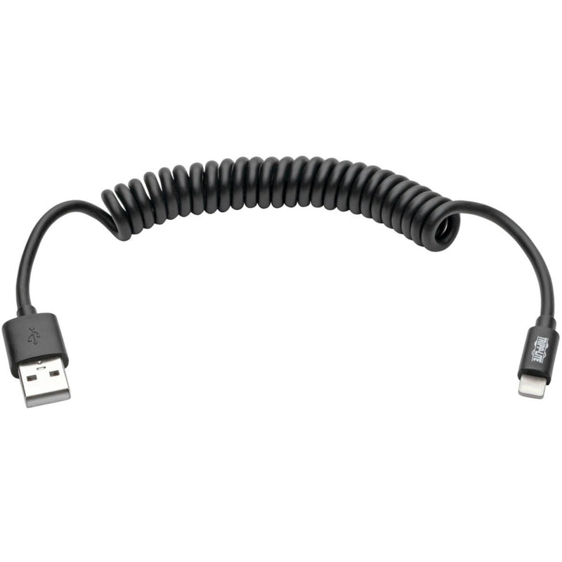 Black coiled USB to Lightning cable showing full length with connectors at both ends