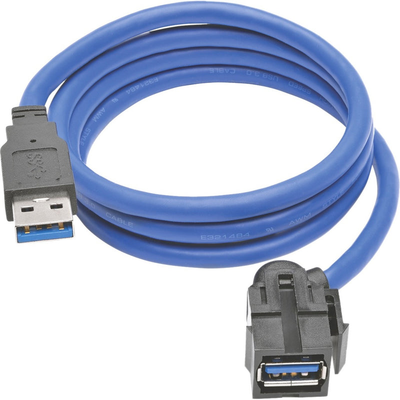 Blue USB 3.0 extension cable with male and female Type-A connectors showing premium shielding and construction